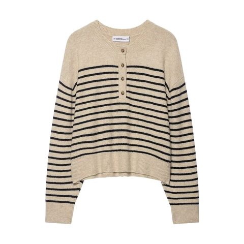 Suéter De Punto A Rayas Mujer Manga Larga Cuello Henley Corto Jersey Beige Avena Casual Elegante