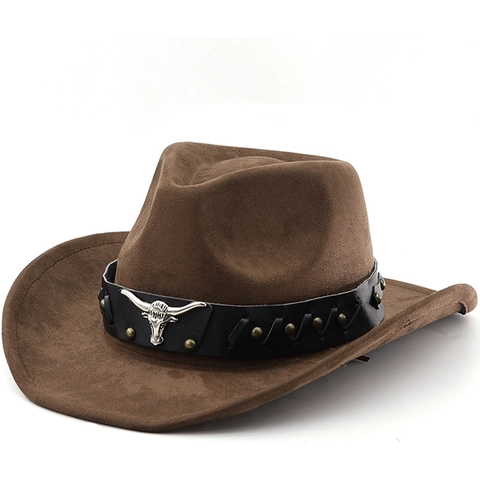 Western Cowboy Hat Faux Suede Wide Brim With Metal Bull Head Leather Band Vintage Jazz Fedora Riding Hat For Men Women