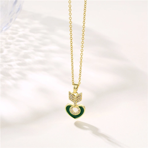 Collana Pendente Cuore Freccia Catena Acciaio Inossidabile Oro 18K Zircone Smalto Verde Punta Di Freccia Gioielli Punk