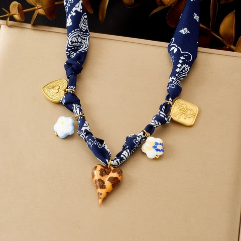 Vintage Paisley Fabric Rope Necklace Stainless Steel Gold Plated Leopard Heart Ceramic Flower Multi Pendants For Women