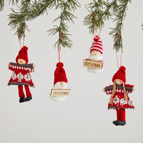 Christmas Wool Felt Doll Ornaments Handmade Knit Santa Snowman Hanging Decorations With Wooden Sign For Tree Home