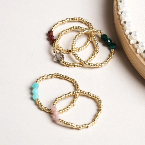 Handmade Natural Stone Beaded Ring Elastic Golden Metal Beads Bohemian Fashion Women