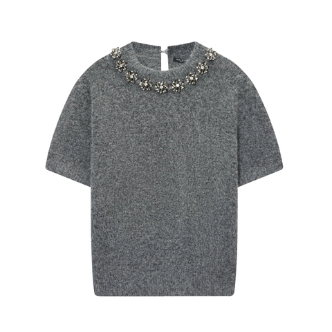 Kurzarm Strickpullover Damen Perlen Rundhals Strass Blumen Dekoration Flauschig Grau Polyester Elegant Oberteil