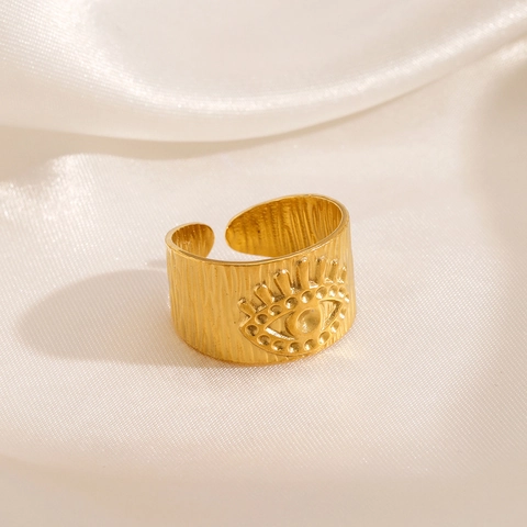 Anillo De Ojo Turco De Acero Inoxidable Banda Ancha Textura Grabado Anillo Abierto Ajustable Joyería Bohemia Para Mujer