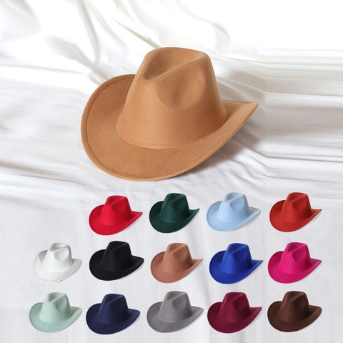 Classic Western Cowboy Hat Wide Brim Polyester Felt Jazz Fedora Sun Protection Solid Color For Men Women