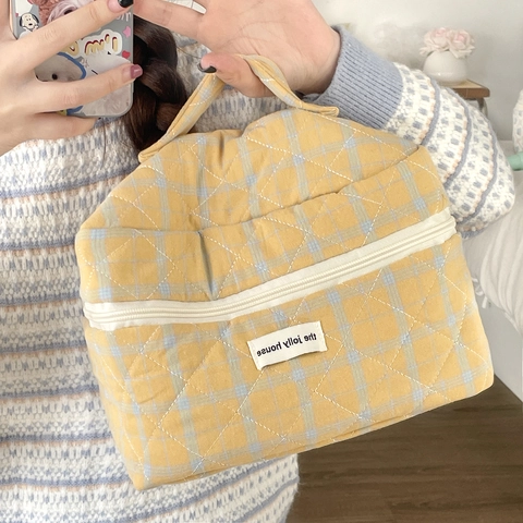 Borsa Da Toilette Trapuntata Grande Capacità Astuccio Trucco A Quadri Organizzatore Da Viaggio Portatile Tessuto Morbido Pochette