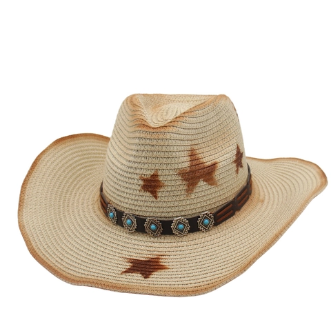 Δυτικό Καπέλο Cowboy Ψάθινο Vintage Pentagram Star Print Μεγάλο Γείσο Bohemian Ethnic Sunshade Παραλία Ταξίδι Με Ρυθμιζόμενο Σχοινί