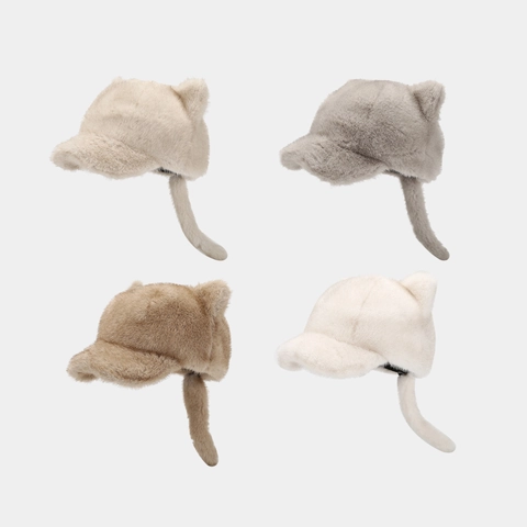 Berretto Da Baseball In Peluche Con Orecchie Di Gatto E Coda Lunga Pelliccia Sintetica Cappello Invernale Caldo Per Donne