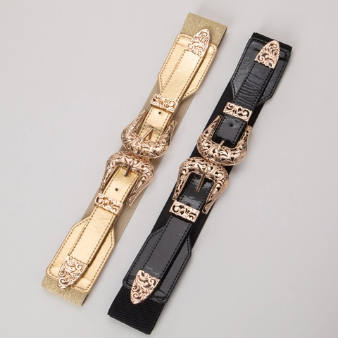 Cinturón De Corsé Para Mujer Doble Hebilla Tallada Retro Aleación Hueca Cuero PU Cintura Elástica