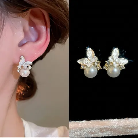 Pendientes De Mariposa Perla Artificial Aleación Estrás Joyería Con Poste De Plata Para Mujer Accesorios De Moda