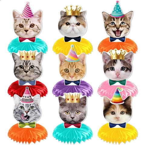Cat Birthday Party Honeycomb Centerpieces Paper Desktop Decorations For Pet Theme Celebration Cute Animal Head Ornaments