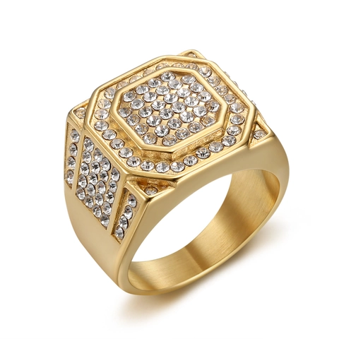 Anello Sigillo Quadrato Iced Out Da Uomo Placcato Oro Acciaio Inossidabile Titanio Hip Hop Rappers Gioielli In Zirconia