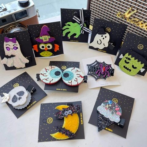 Handgefertigte Halloween Haarklammern Glitzer Pailletten Stoff Filz Geist Totenkopf Fledermaus Spinne Eule Party Cosplay Damen