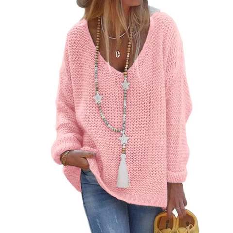 Women V Neck Knitted Sweater Long Sleeve Pullover Loose Fit Solid Color Casual Oversized Soft Knit Top