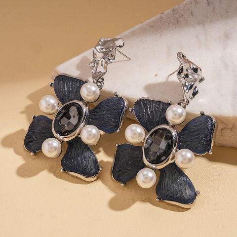 Pendientes De Flores Vintage Resina Aleación Perla Artificial Imitación Cristal Gris Con Poste De Plata Esterlina 925 Para Mujeres Elegante