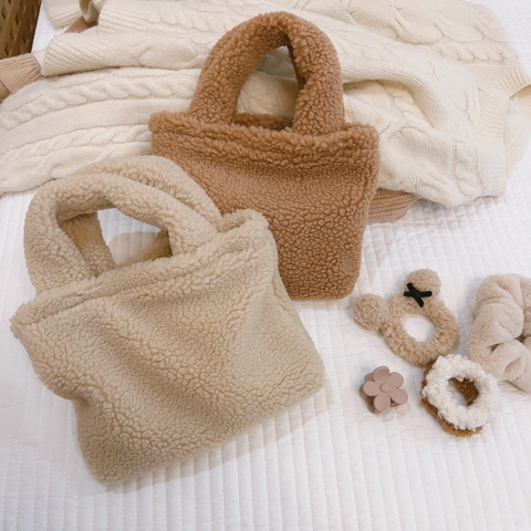 Mini Sac À Main En Laine D'Agneau Peluche Doux Teddy Polaire Petit Sac Cabas Pour Téléphone Couleur Unie Automne Hiver Style Japonais