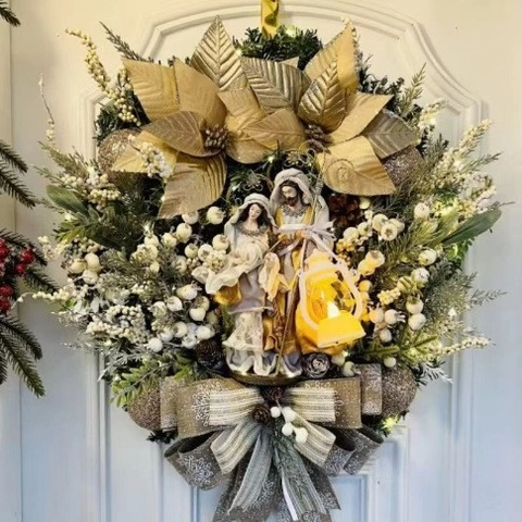 Christmas Wreath Nativity Scene Decoration Artificial Pine LED Lantern Poinsettia Flower Bow Holiday Door Hanging Ornament