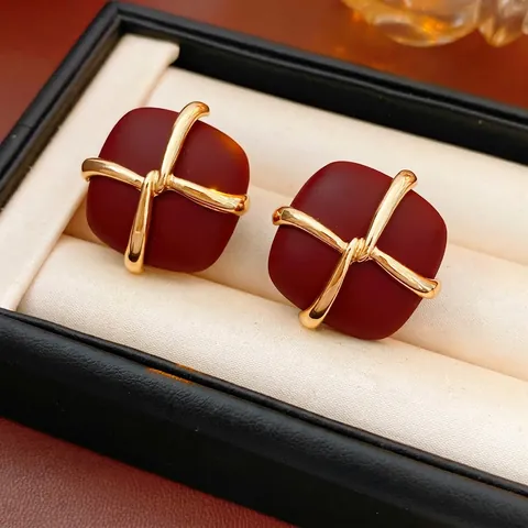 Pendientes De Botón Cuadrados Vintage Cobre Burdeos Mate Con Poste De Plata Cruz Dorada Envuelta Joyería Geométrica