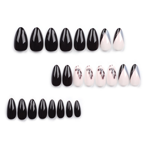Glossy Black Long Almond Press On Nails Marble Leaf Gold Foil Decoration Artificial False Nails For Women