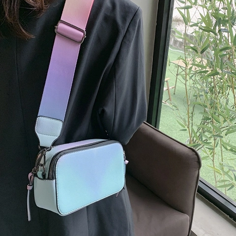 Gradiënt Regenboog Camera Tas Voor Dames PU Leren Schoudertas Met Brede Riem Dubbele Rits Mode Casual Stijl
