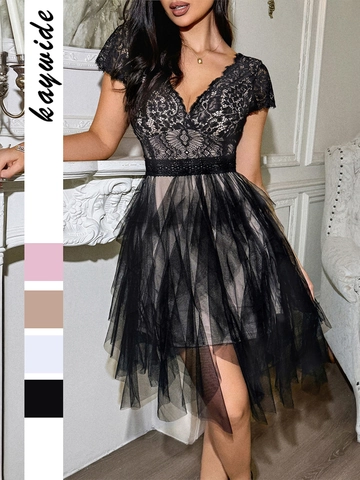 Elegantes Damen Mini Kleid Aus Spitze Und Mesh V-Ausschnitt Kurzarm Gestuftes Tüllkleid Schlanke Passform Party