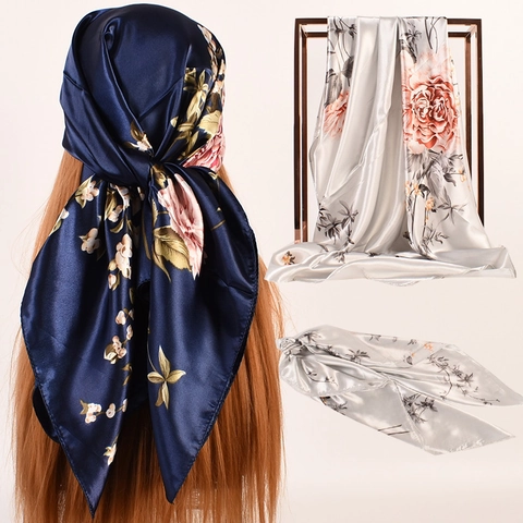 Women Satin Square Scarf Imitation Satin Peony Floral Print Elegant Satiny Headscarf Neck Scarf Large Fashion