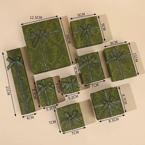 Vintage Paisley Pattern Jewelry Box Forest Green Ribbon Bow Cardboard Packaging For Ring Necklace Earring Gift