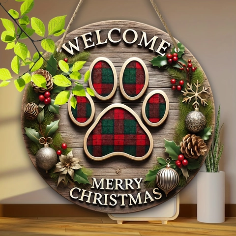 Christmas Wooden Round Door Sign Welcome Merry Christmas Snowman Santa Plaque Hanging For Home Wall Holiday Party Decor