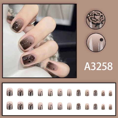 Press On Nägel Braun Verlauf Vintage Schwarze Rose Design Künstliche Falsche Nagelspitzen Für Frauen Schicker Handbemalter Stil