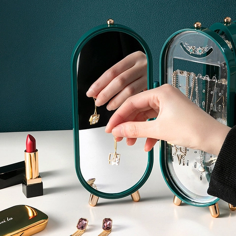 Jewelry Organizer Folding Screen Plastic Display Rack With Mirror For Earrings And Necklaces Dustproof Luxury Style