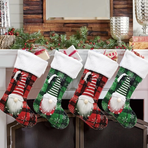 Christmas Stocking Gift Bag Polyester Buffalo Plaid With 3D Gnome Faceless Doll Hanging Decoration Plush Cuff Holiday