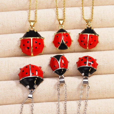 Süße Marienkäfer Anhänger Halskette Rot Schwarz Emaille Kupfer Schmuck Tier Thema Zierliches Geschenk Für Damen Mädchen