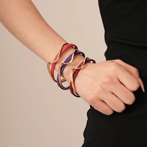 Wave Geometric Open Cuff Bangle Alloy Resin Double Layer Statement Bracelet Fashion Chic Jewelry Accessory