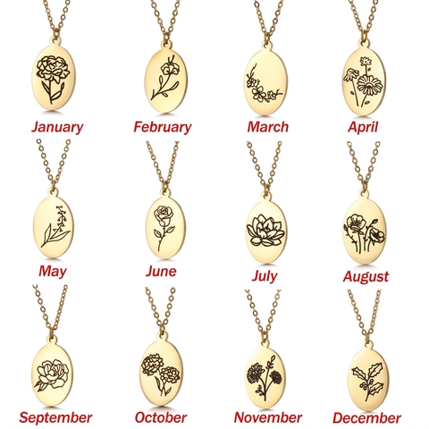 Geburtsblume Halskette Edelstahl Ovaler Anhänger Blumen Gravur Schmuck Damen Minimalistischer Stil Geschenk