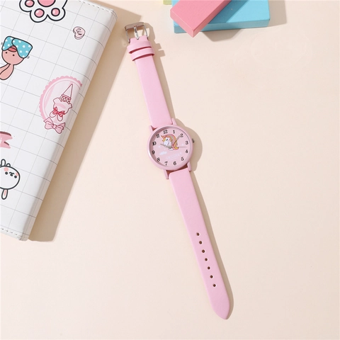 Cute Unicorn Pattern Quartz Watch Pink PU Leather Strap Analog Display Casual Fashion Timepiece For Girls