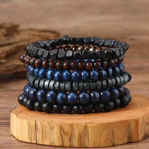 Retro Multi Layer Wood Bead Bracelet Set For Men Women Unisex Handmade Beaded Elastic Rope Stackable Jewelry Ethnic Gift