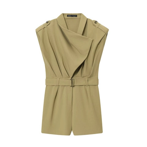 Damen Ärmelloser Romper Mit Schulterpolstern Und Gürtel Baumwollgewebe Casual Revers Knöpfe Utility Shorts Jumpsuit