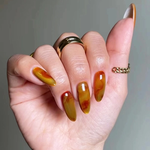 Almond Shape Press On Nails Amber Tortoiseshell Smudge High Gloss Long Removable Artificial False Nails For Women