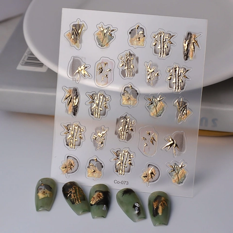 5D Embossed Nail Art Stickers Chinese Style Gold Bamboo Ink Wash Design Waterproof Ultra Thin Self Adhesive Decorative Manicure DIY