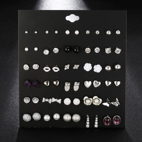 Fashion Flower Heart Star Moon Stud Earrings With Rhinestone And Faux Artificial Pearl Alloy Jewelry For Women