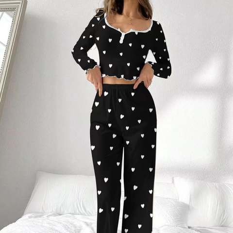 Women Pajama Top And Pants Heart Print Lettuce Trim Lace V Neck Ribbed Knit Polyester Elastane Comfy Sleepwear