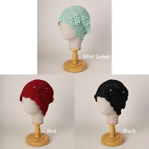 Women Crochet Beanie Washi Tencel Blend Hollow Mesh Artificial Pearl Flower Summer Breathable Bohemian Knitted Hat