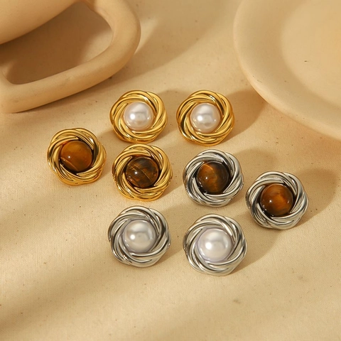 Runde Spirale Ohrstecker Französisch Retro Titanstahl Mit Künstliche Perlenimitat Und Tigerauge Stein Schmuck Für Damen