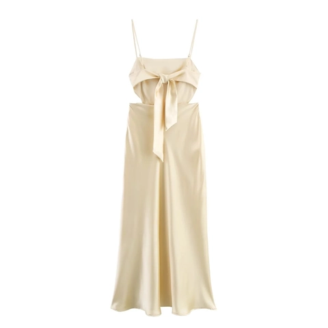 Elegant Satin Midi Dress Backless Cut Out Bow Back Spaghetti Straps Solid Champagne Cocktail Party Women
