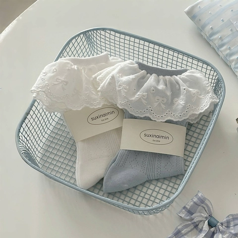 Calze Al Polpaccio In Cotone Da Donna Con Volant In Pizzo Fiocco Ricamato Traspirante Stile Lolita Maglia