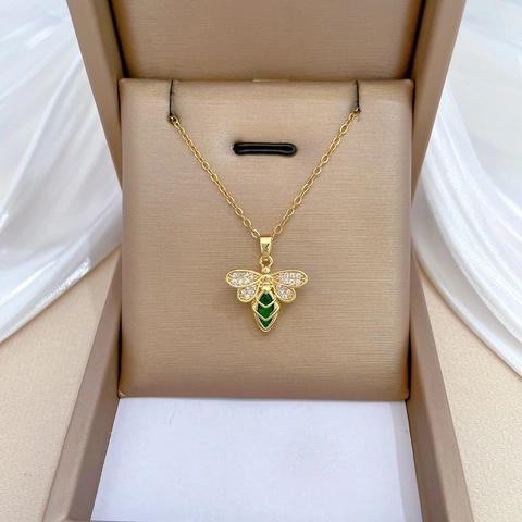 Elegante Collana Con Ciondolo A Ape Catena In Acciaio Inossidabile Rame Con Pietra Preziosa Verde E Zircone Per Donna