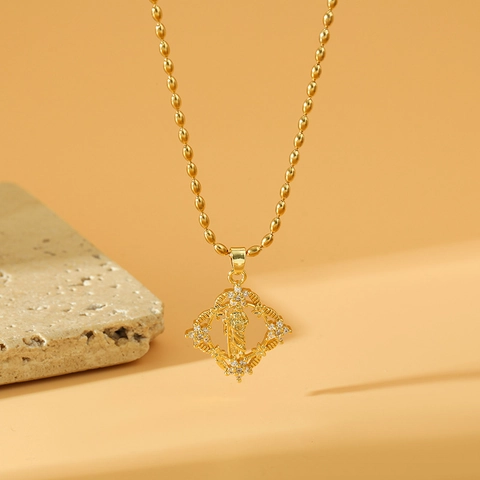 Edelstahl Kupfer Zirkonia Jesus Porträt Anhänger Halskette Geometrische Viereck Vergoldete Kette Damen Geschenk