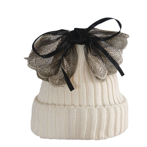 Gestrickte Beanie-Mütze Mit Großer Schwarzer Spitzen-Schleife Und Kunstperle Warme Winter-Rippstrickmütze Für Damen Mädchen