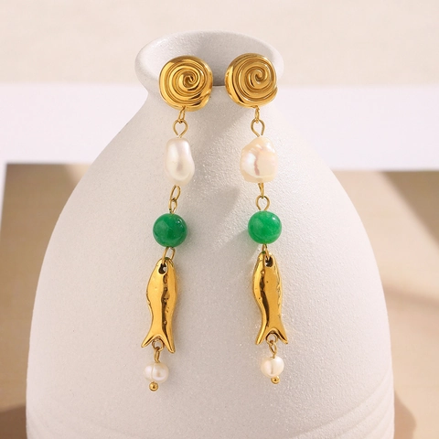 Vintage Σκουλαρίκια Ψάρι Από Ανοξείδωτο Ατσάλι 18K Επιχρυσωμένο Τεχνητό Μαργαριτάρι Μπαρόκ Φυσική Πέτρα Γυναικεία