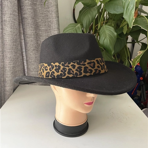 Fedora Hat Wool Felt Wide Brim Jazz Cap With Leopard Print Ribbon Band Elegant Vintage Sunshade Unisex Fashion